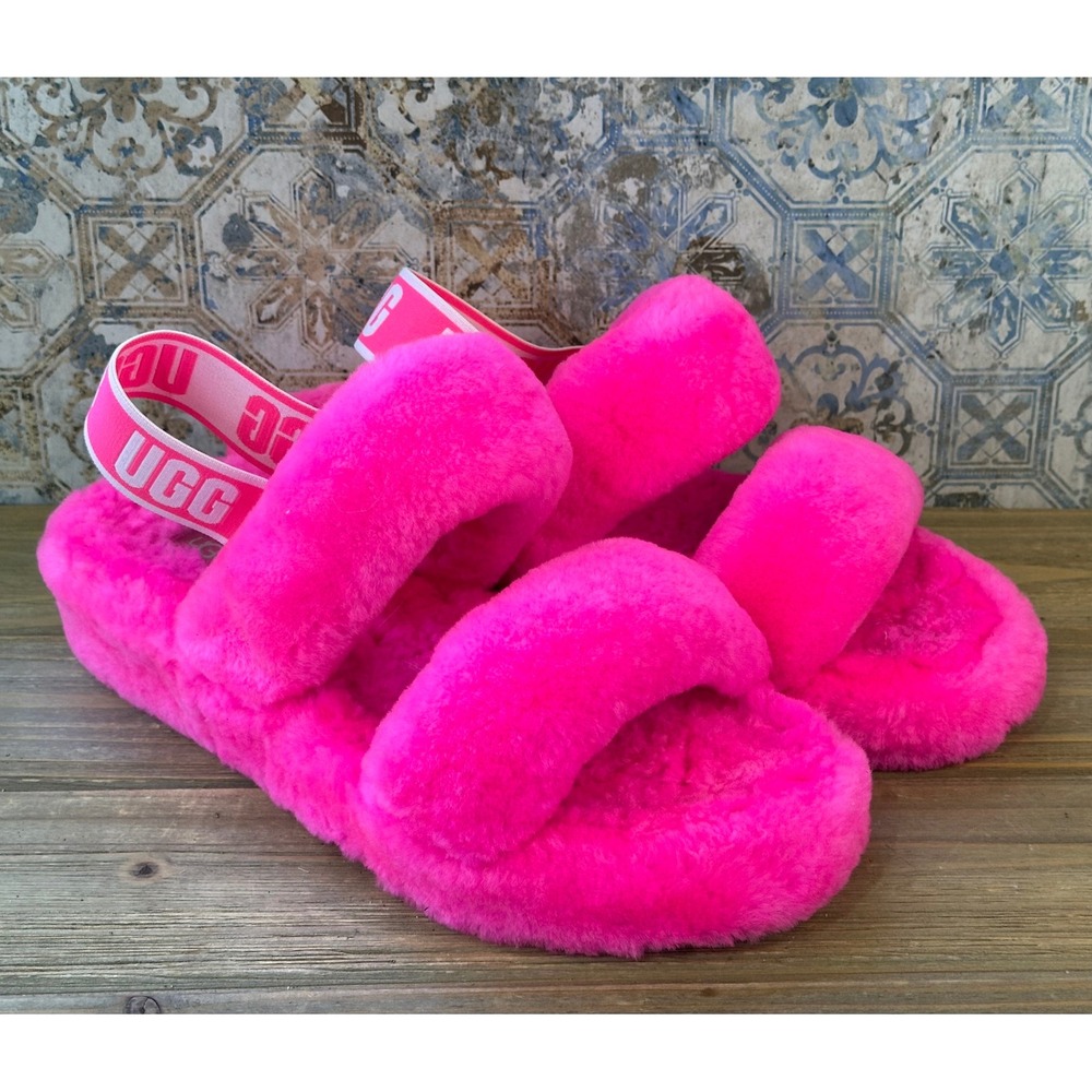 UGG Oh Fluffita Sheepskin Platform Slingback Slides Slippers Women 10 Rock Rose